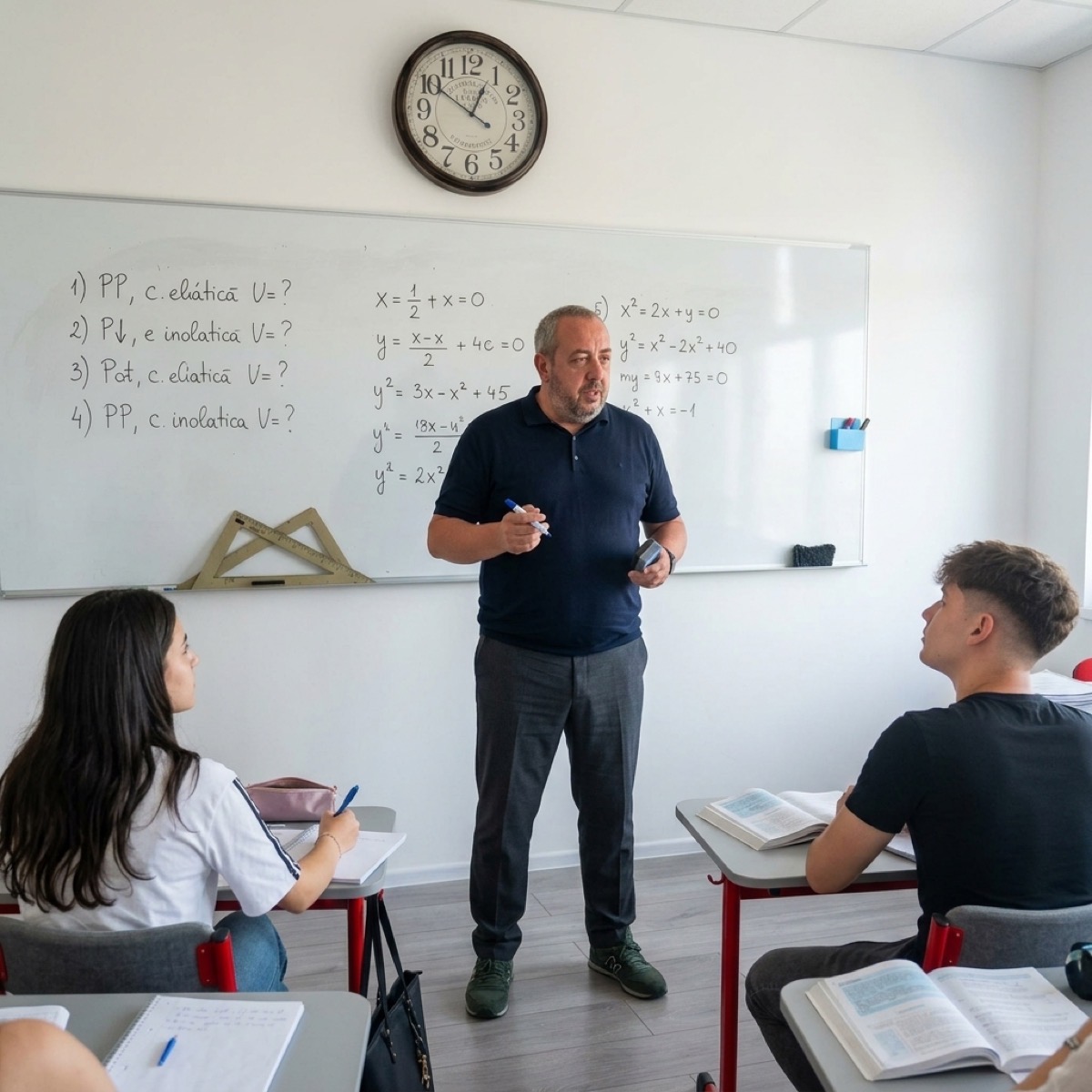Profesorul Marius explică un exercițiu la tablă