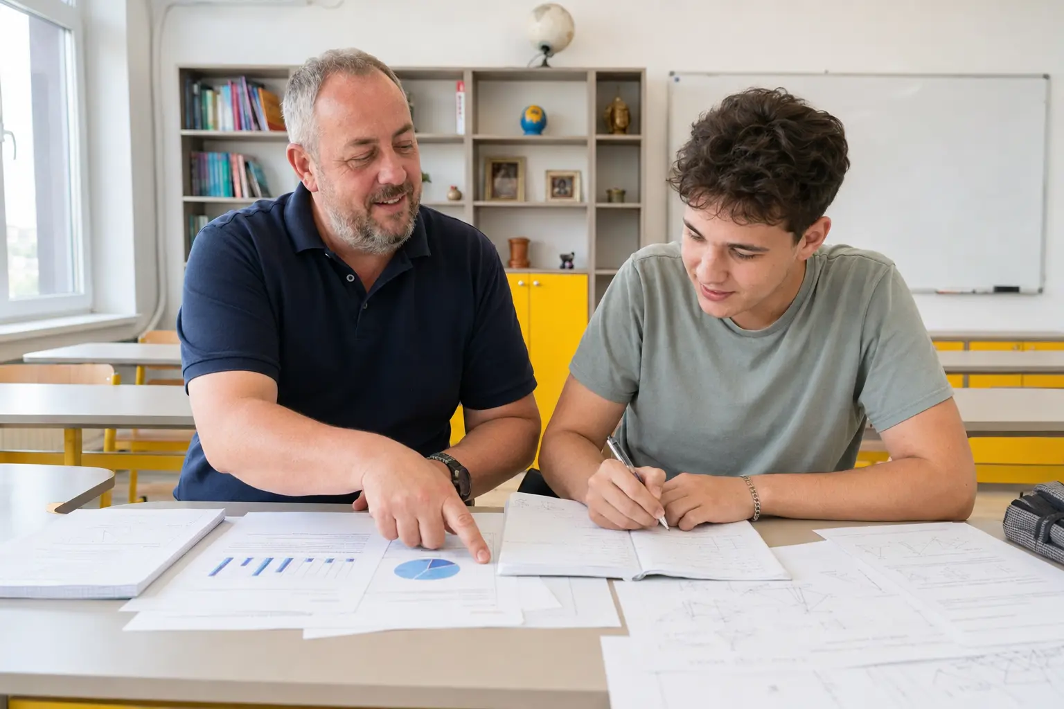 Profesorul Marius analizează cu un elev o lucrare de BAC Matematică