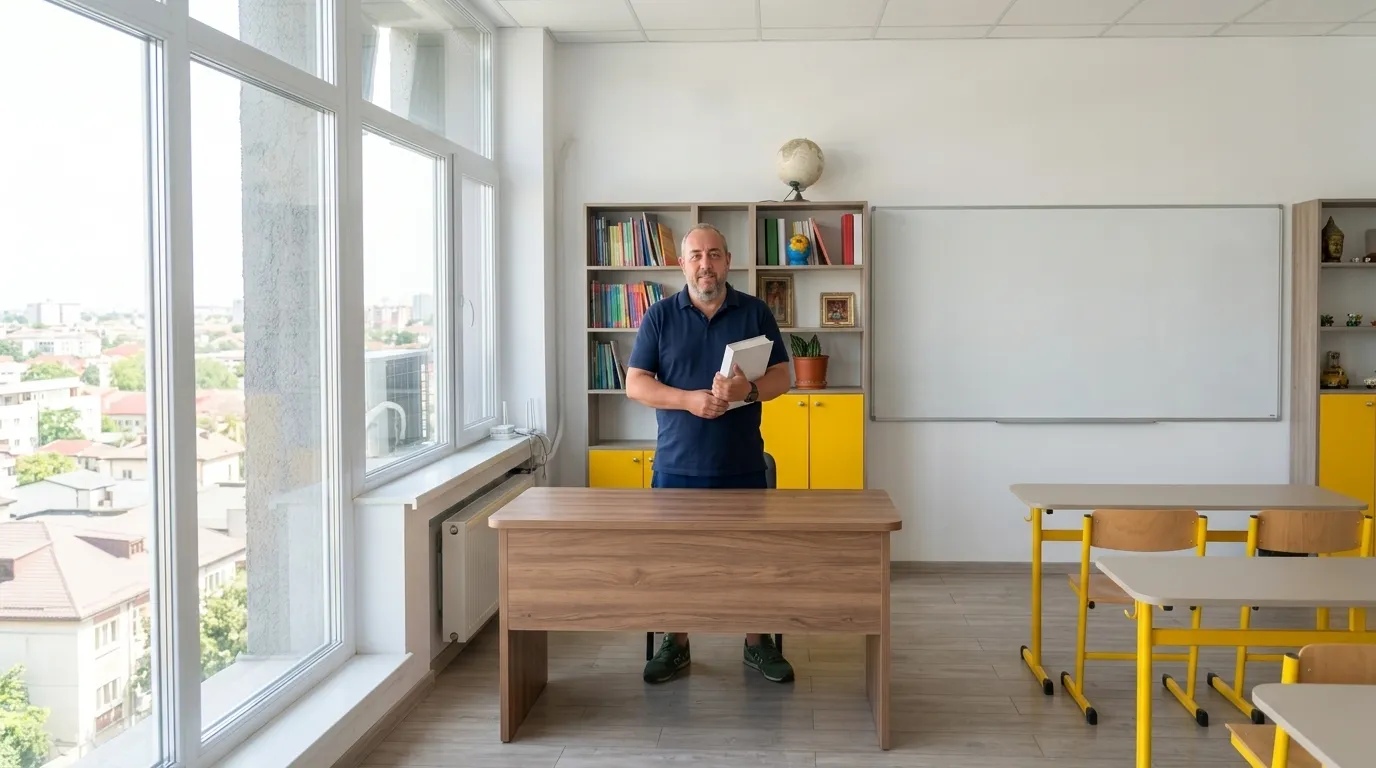 Profesorul Marius explică matematica unui elev de clasa a VIII-a în sala reală