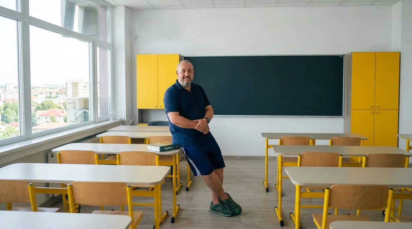 Profesorul Marius verifică o ecuație și o funcție liniară în sala de matematică