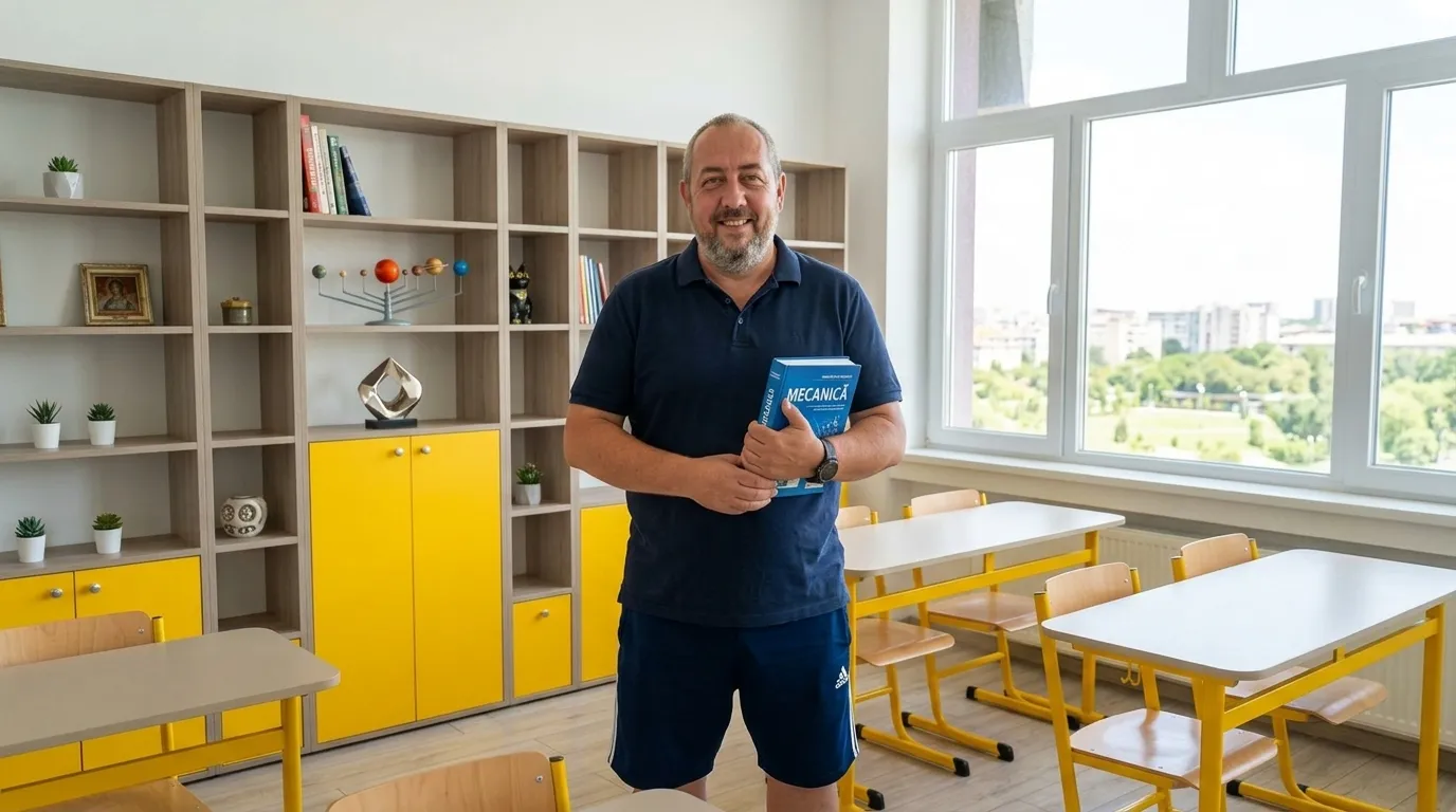 Profesorul Marius în sala reală de matematică, pregătind materialele pentru clasa a VIII-a