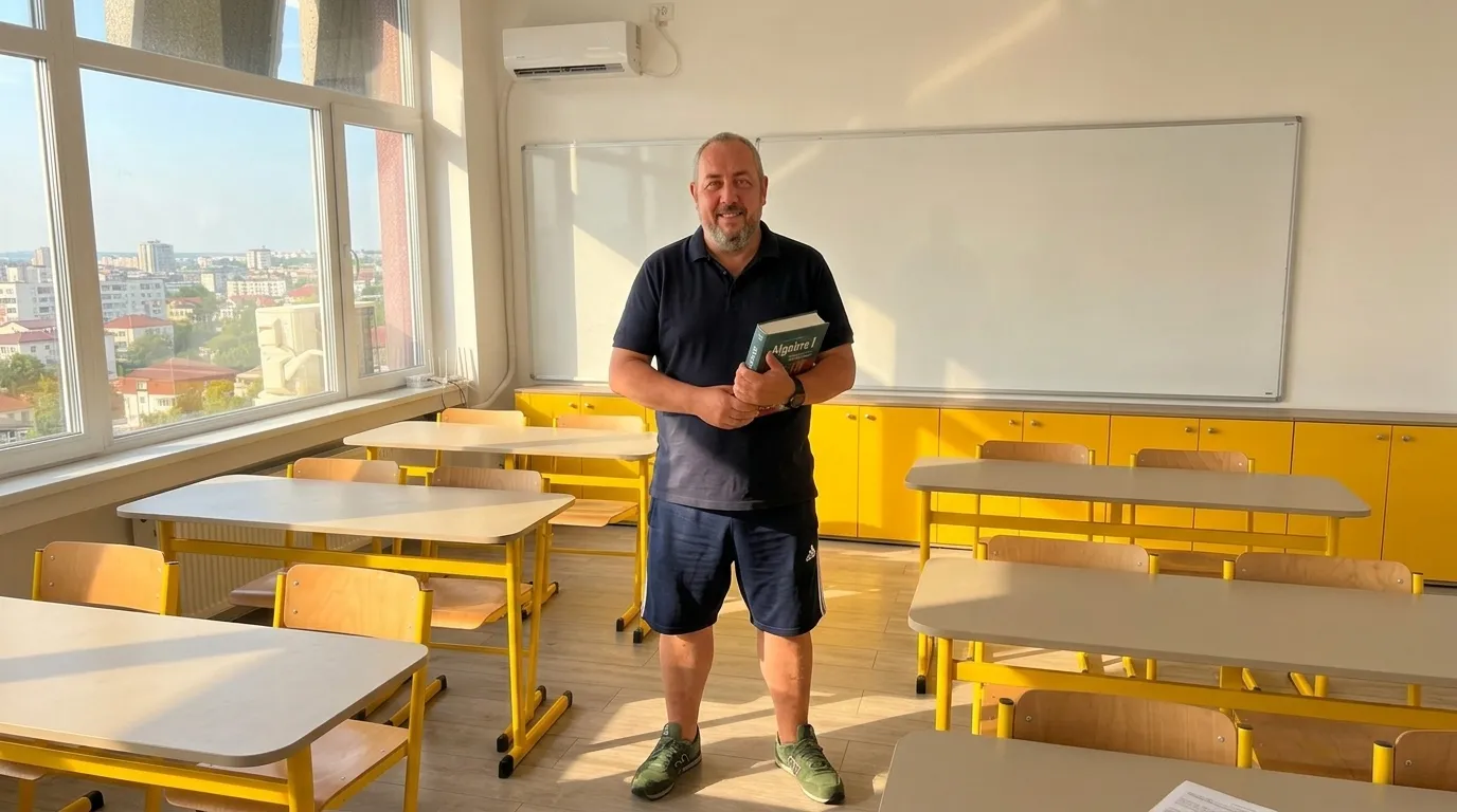 Profesorul Marius urmărește pașii scriși de un elev la un exercițiu de clasa a VIII-a