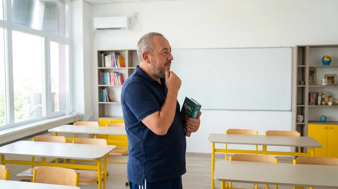 Profesorul Marius pregătește sala și materialele pentru o simulare de matematică