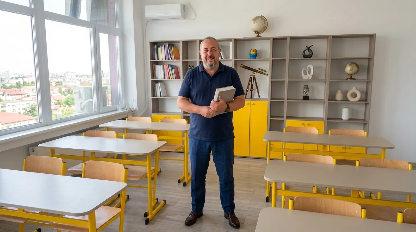 Profesorul Marius verifică împreună cu un elev condițiile unei formule matematice