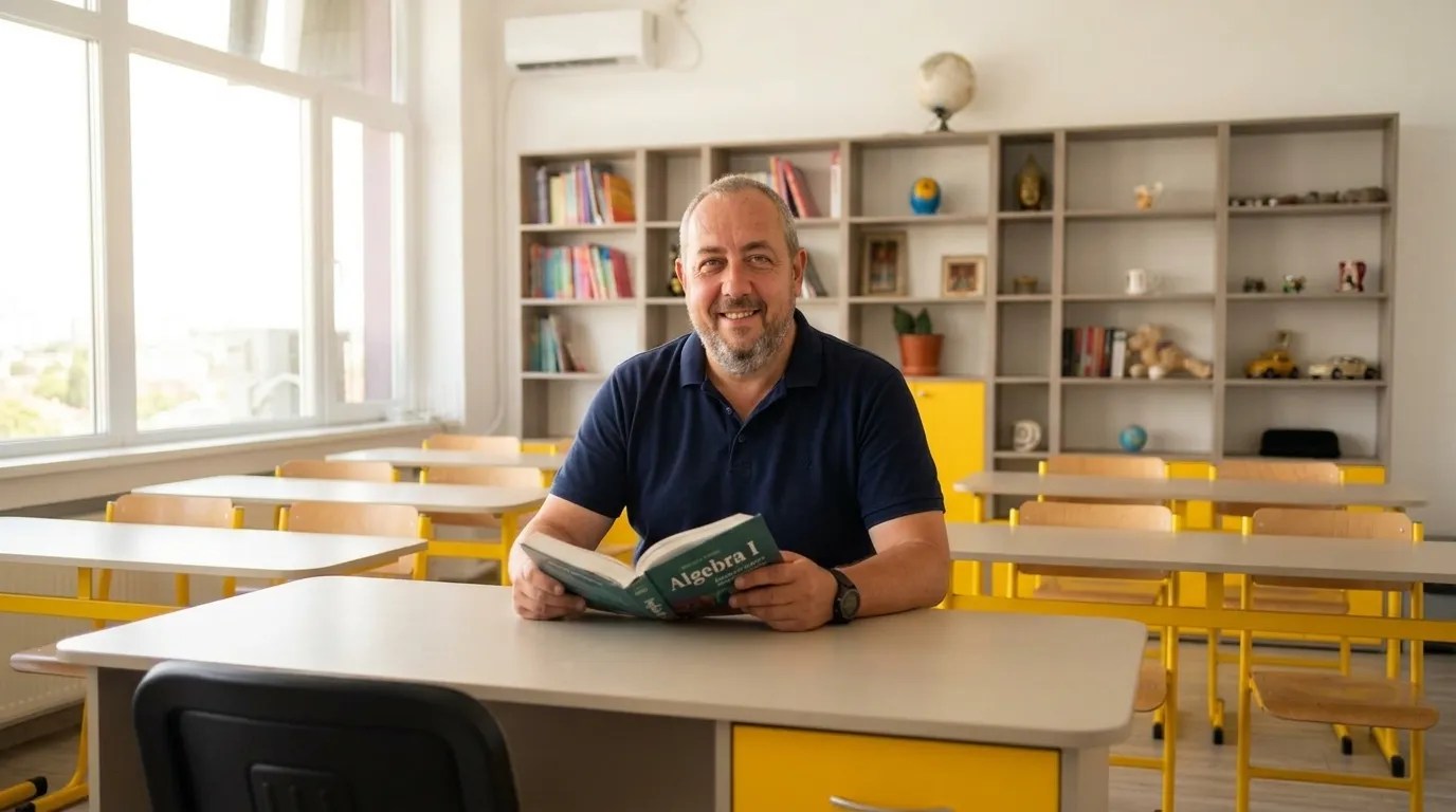 Profesorul Marius explică relațiile algebrice în sala reală de curs pentru clasa a VIII-a