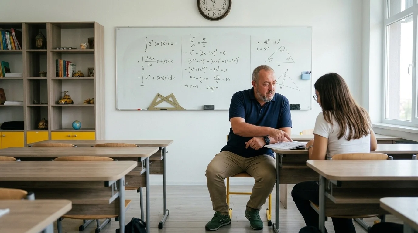 Profesorul Marius ghidează elevii către secțiunea potrivită de pregătire la matematică, în funcție de nivel și examen.