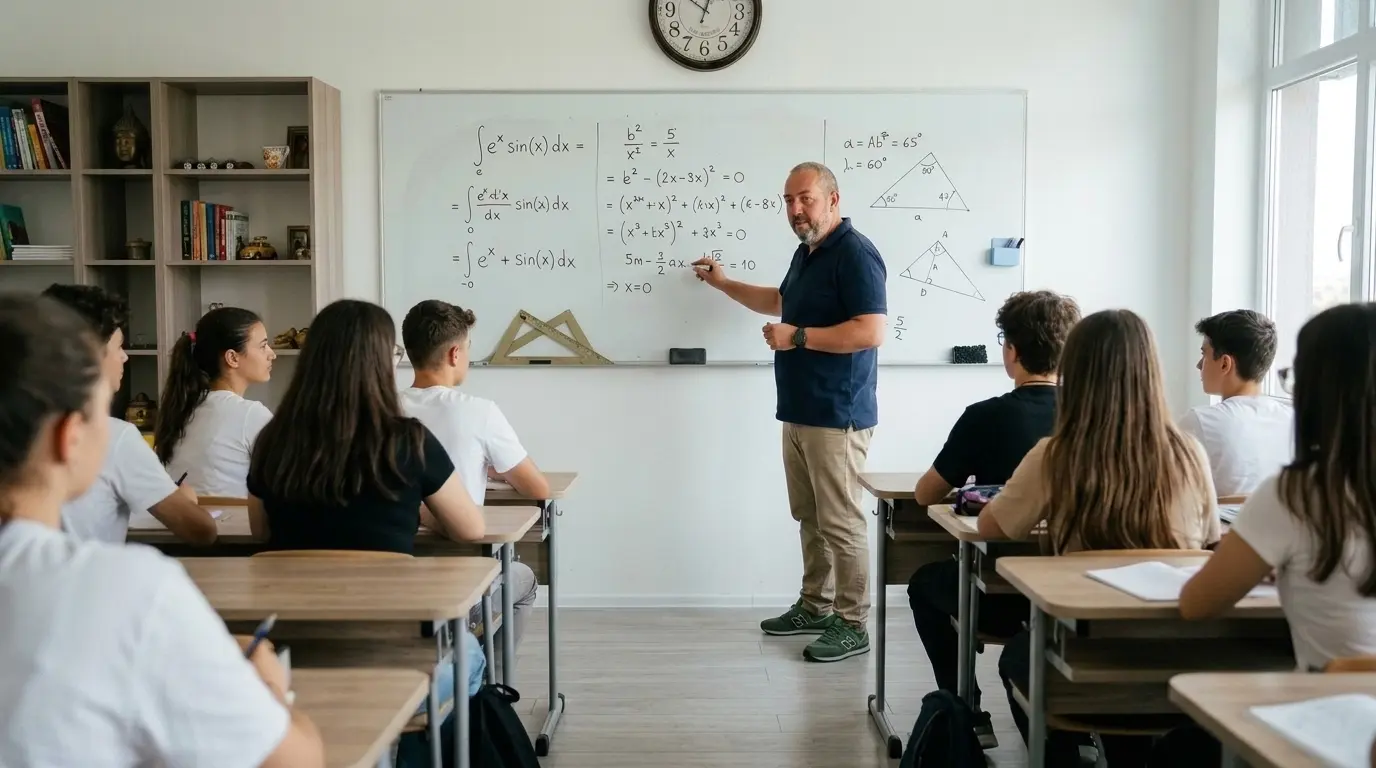 Profesorul Marius explică metoda de lucru la matematică în fața clasei.