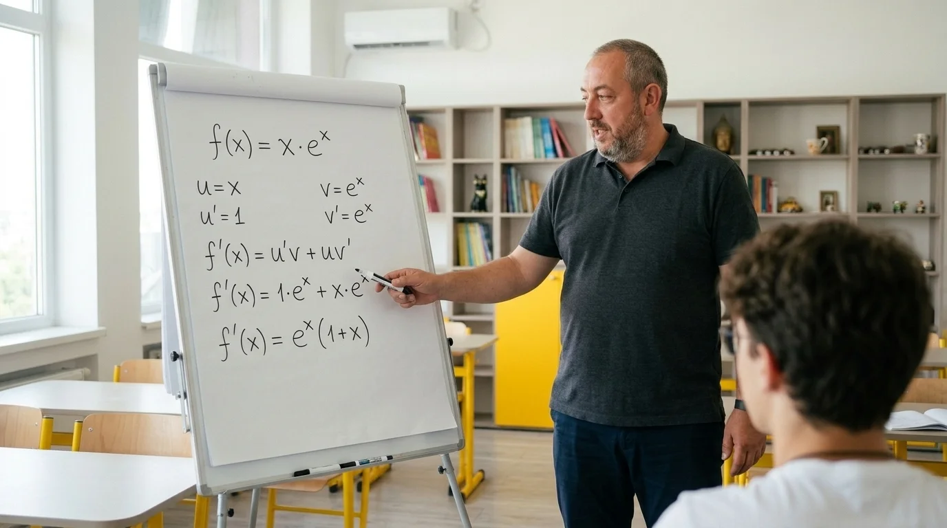Profesorul Marius explică derivarea produsului într-un exercițiu de analiză matematică.