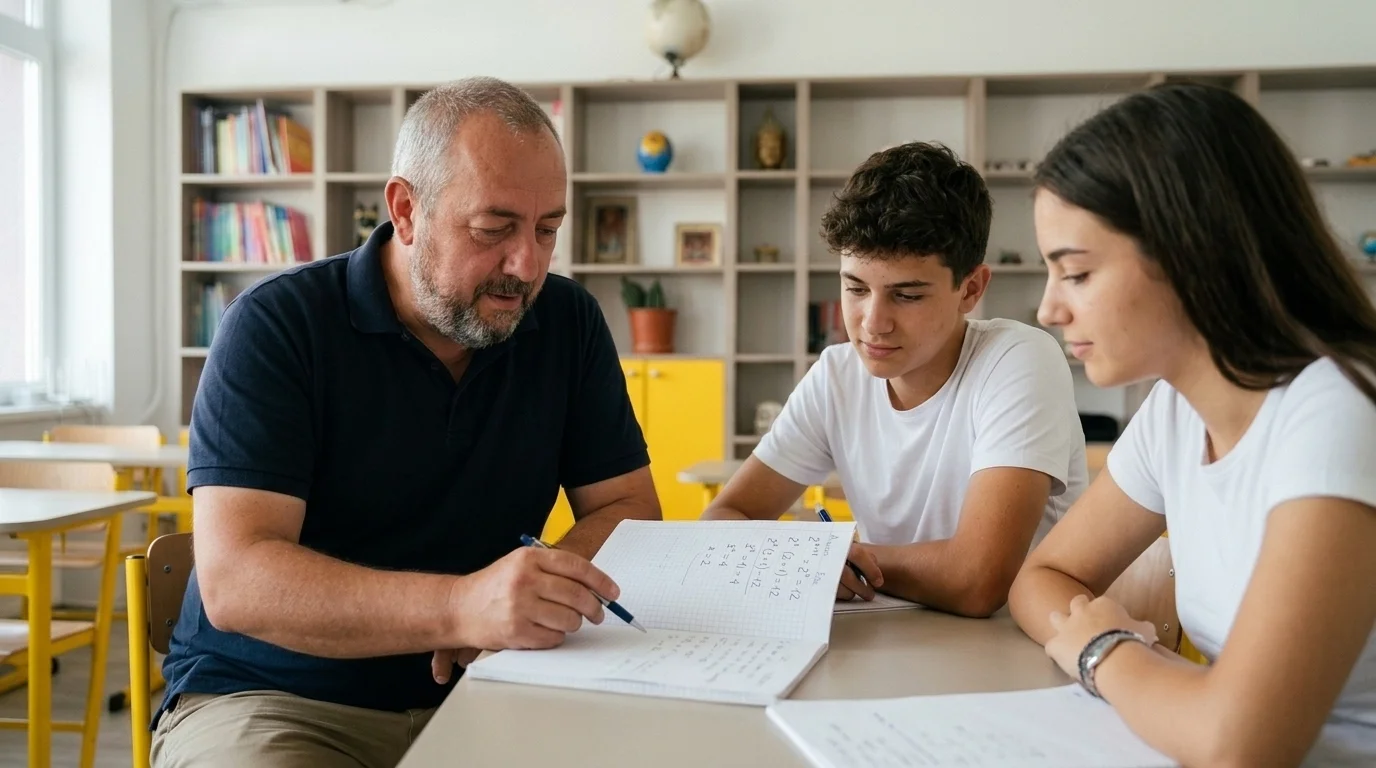 Profesorul Marius explică rezolvarea unei ecuații exponențiale la matematică, pas cu pas.