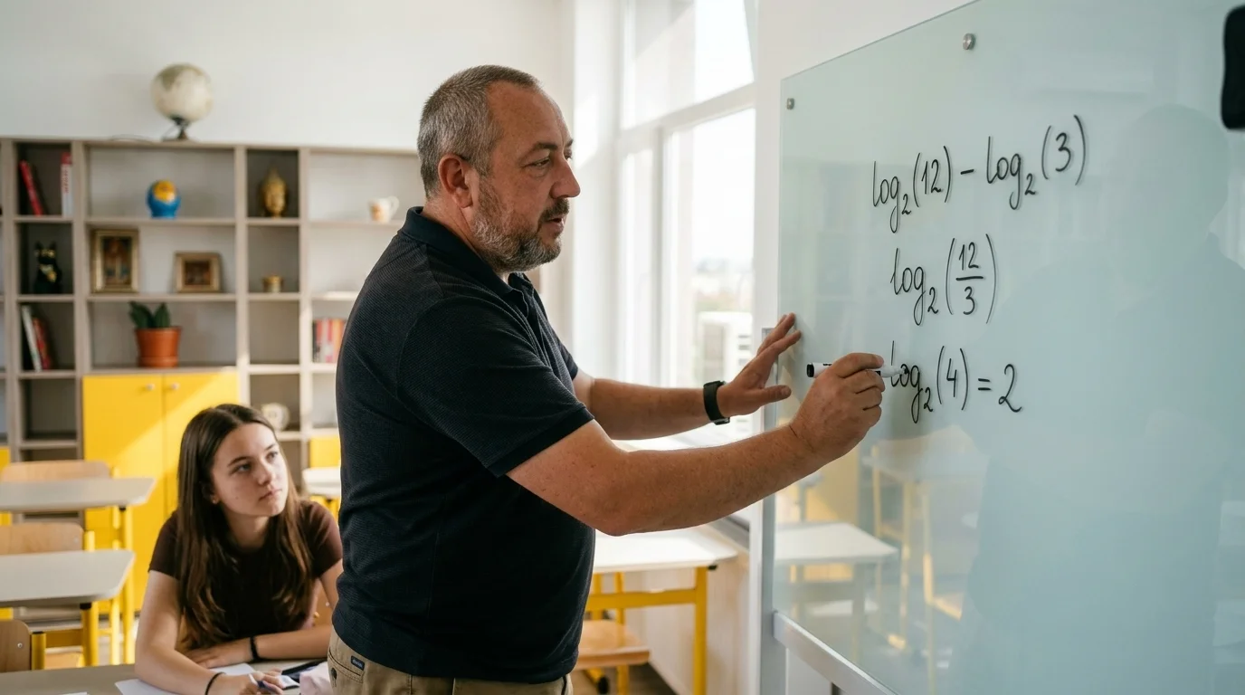 Profesorul Marius explică proprietățile logaritmilor într-un exercițiu de algebră.