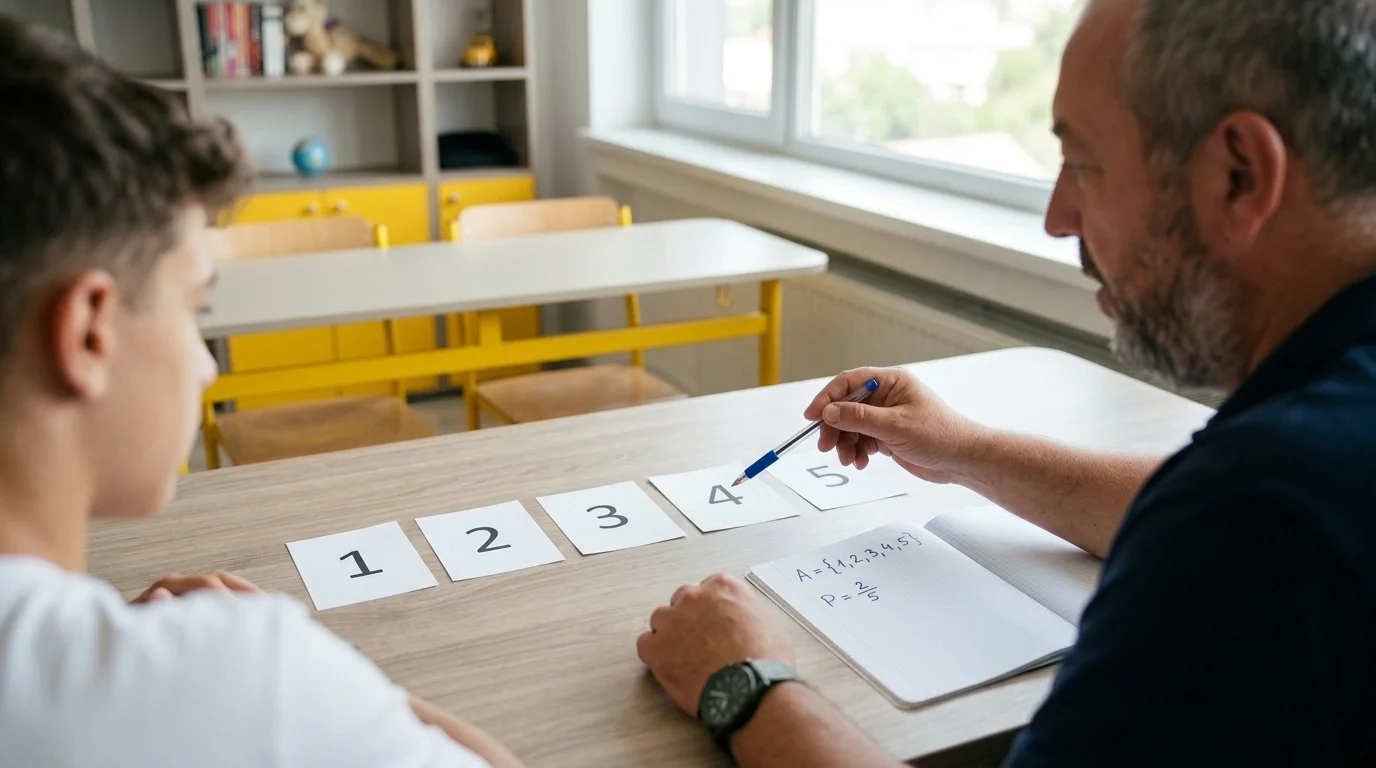 Profesorul Marius explică probabilități simple la matematică, folosind cazuri favorabile și cazuri posibile.