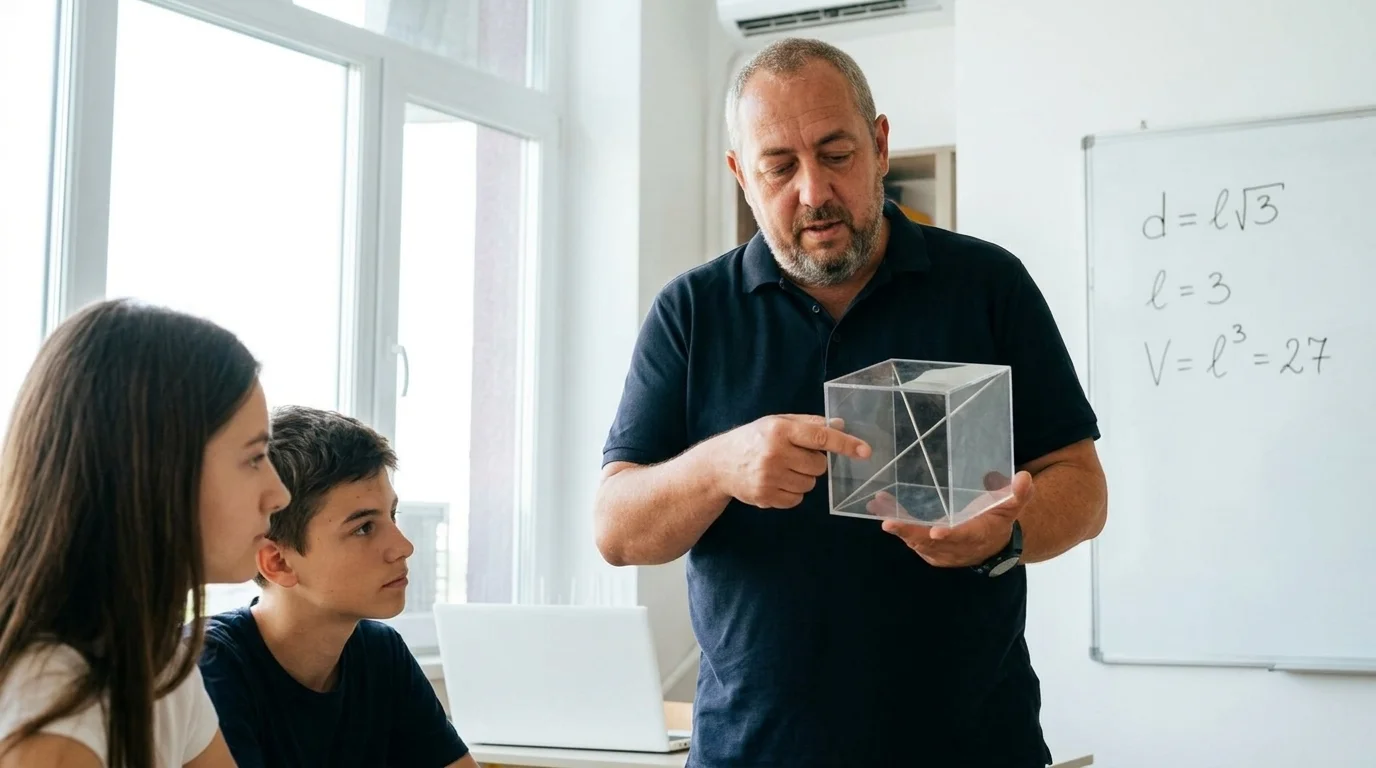 Profesorul Marius explică volumul unui cub și diagonala cubului într-un exercițiu de geometrie în spațiu.