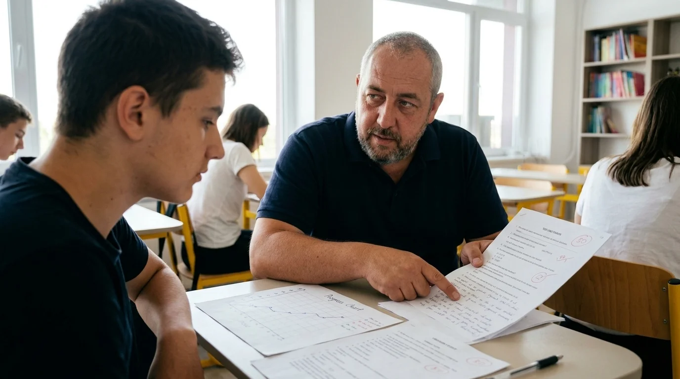Profesorul Marius oferă feedback unui elev și urmărește progresul la matematică pe baza rezultatelor de la teste.