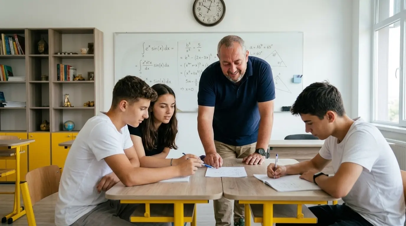 Profesorul Marius lucrează exerciții de matematică împreună cu un grup mic de elevi.