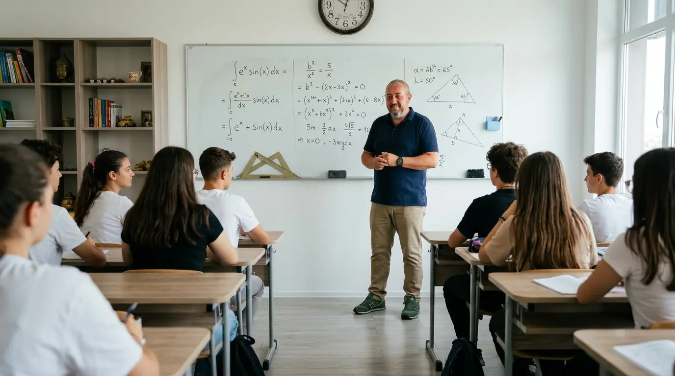 Profesorul Marius explică matematica unui grup de elevi într-o sesiune modernă de pregătire.