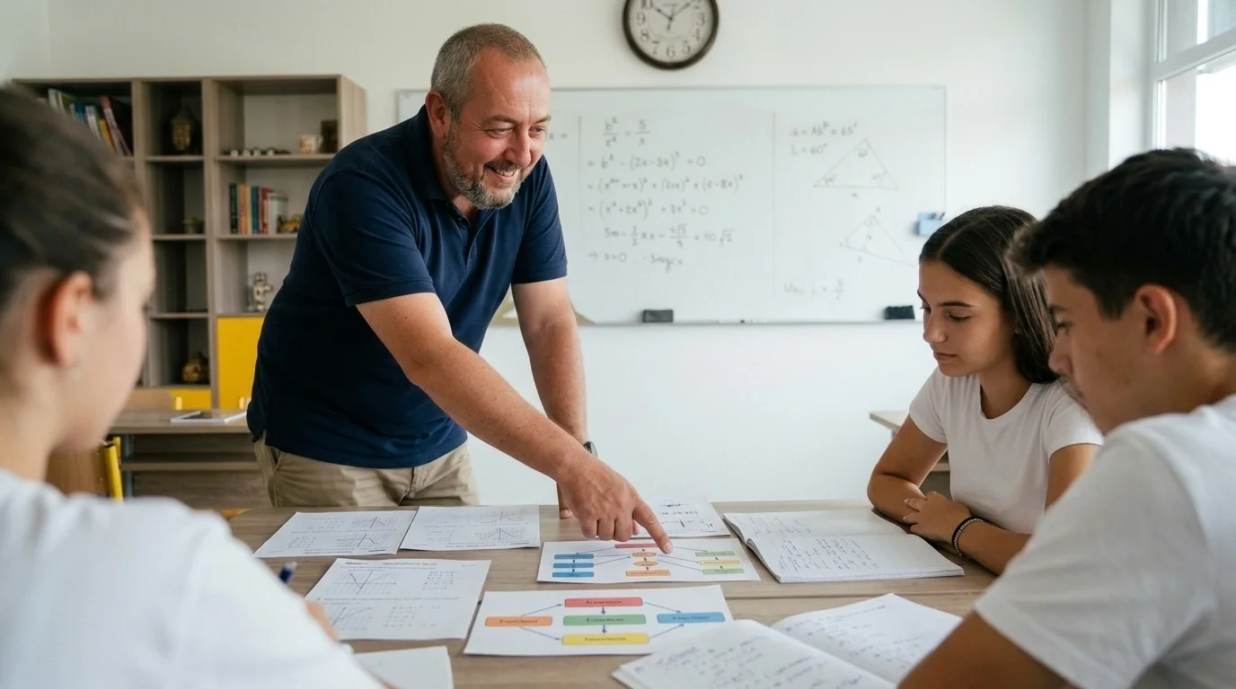 Profesorul Marius folosește fișe de lucru și materiale structurate pentru pregătirea elevilor la matematică.