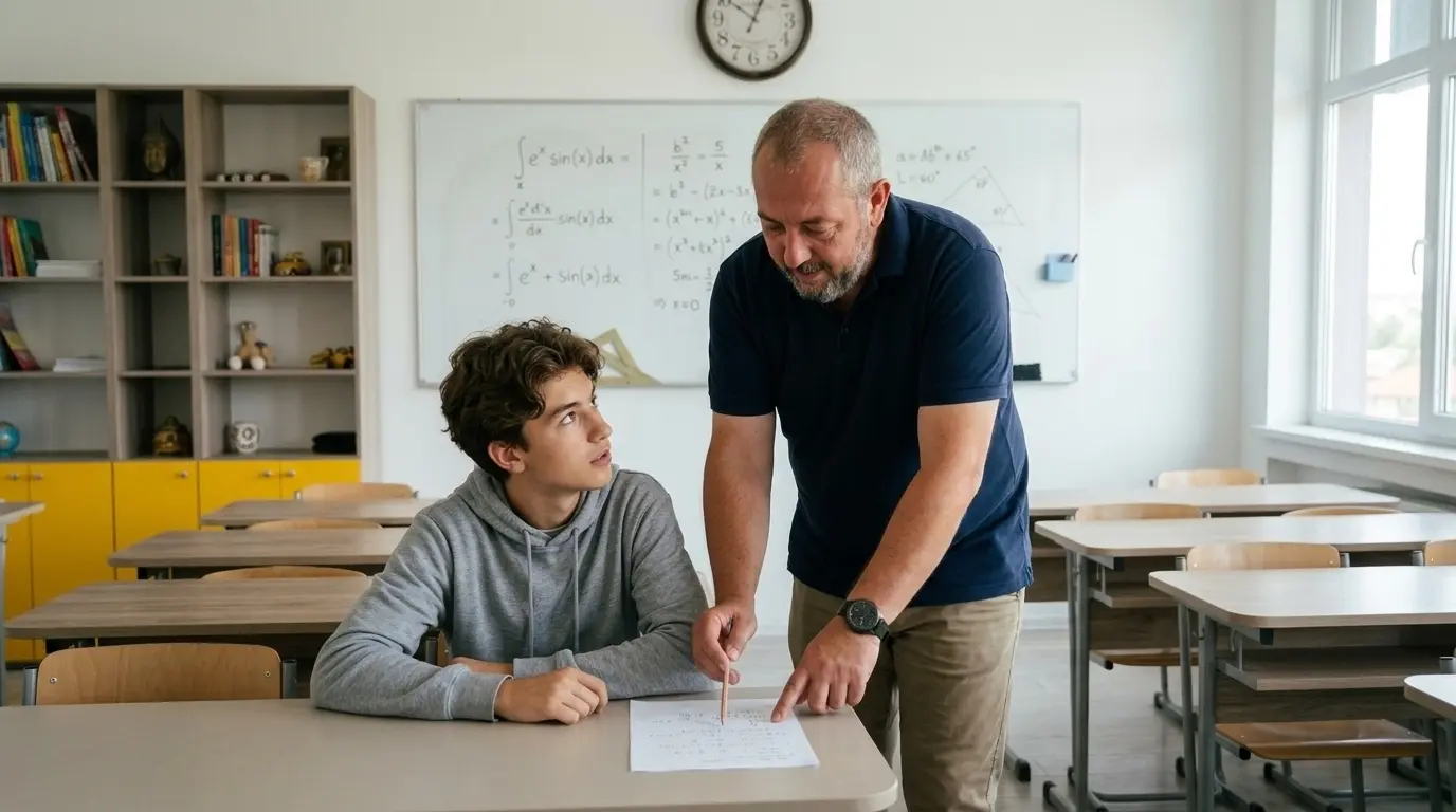 Profesorul Marius oferă explicații individuale de matematică unui elev.