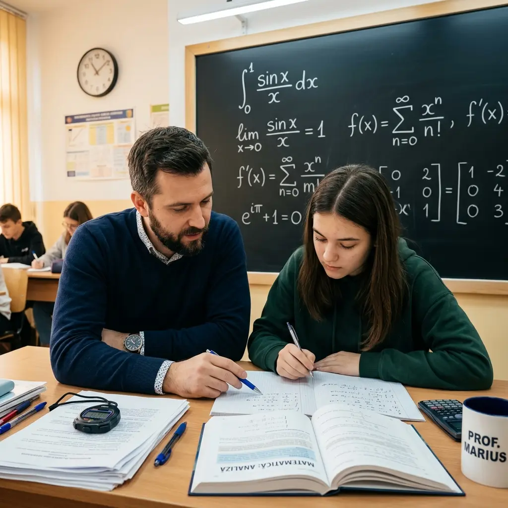Profesorul Marius pregătește un elev pentru performanță la matematică, cu simulări și tehnică de redactare pentru nota 9.50+.