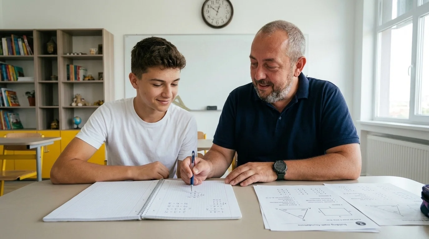 Profesorul Marius ajută un elev să recupereze bazele matematicii prin explicații clare și exerciții pas cu pas.