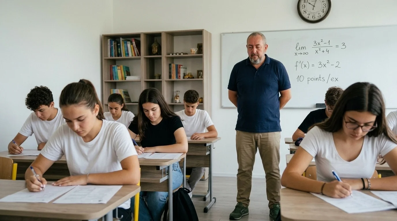 Profesorul Marius supraveghează o simulare de matematică, în timp ce elevii rezolvă individual subiecte de examen.