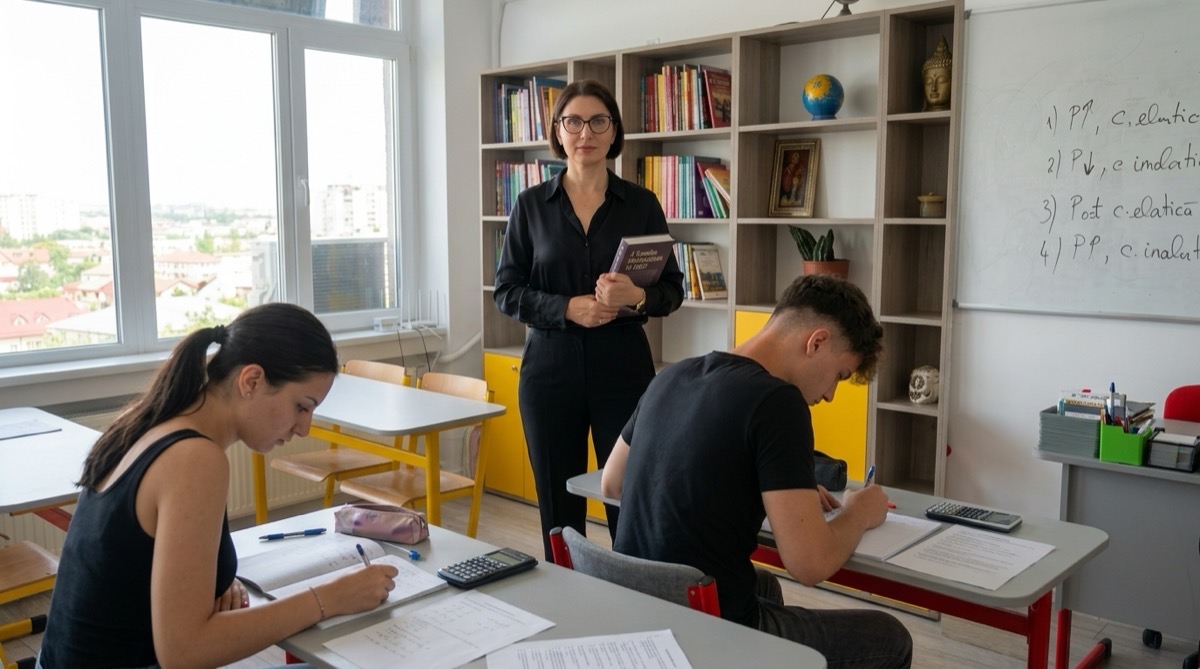 Elevi lucrând la o simulare de examen
